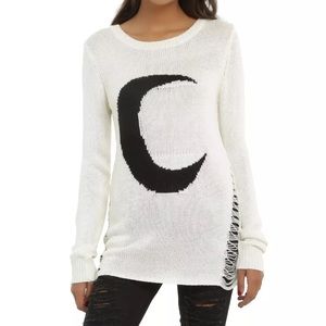 Hot Topic Ivory Crescent Moon Distressed Sweater
